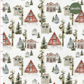 Digitally Printed Fabric with Watercolor Calm Houses and Trees Pattern